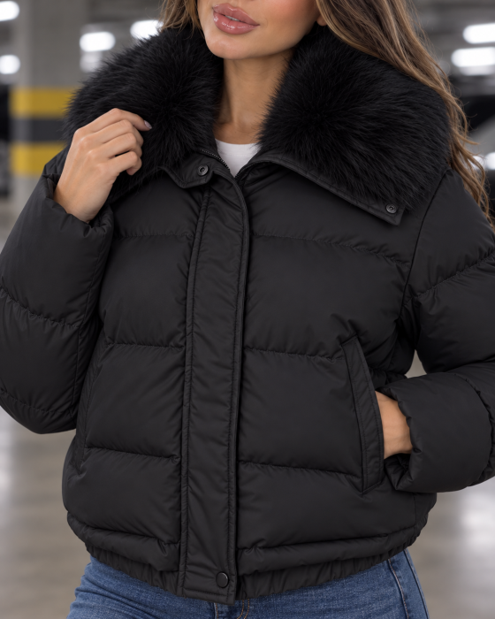 Geaca dama de iarna cu blana detasabila, croi lejer oversize, model scurt matlasat, negru 8813 [3]