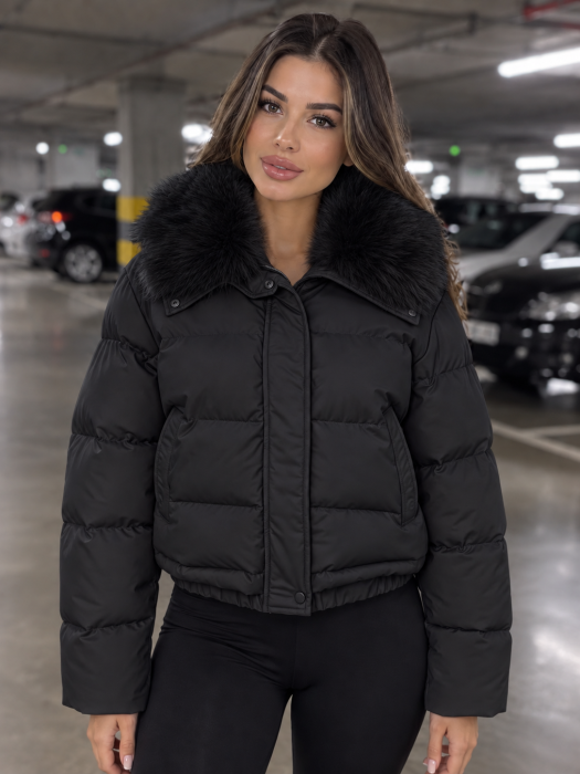 Geaca dama de iarna cu blana detasabila, croi lejer oversize, model scurt matlasat, negru 8813 [6]