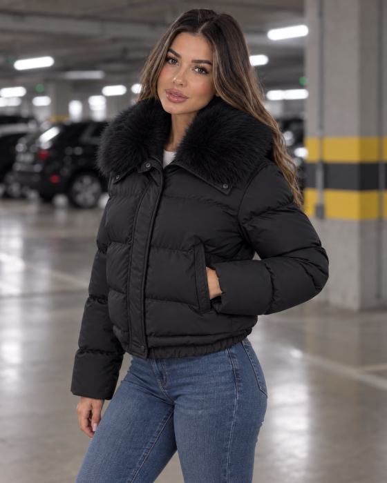 Geaca dama de iarna cu blana detasabila, croi lejer oversize, model scurt matlasat, negru 8813 [5]