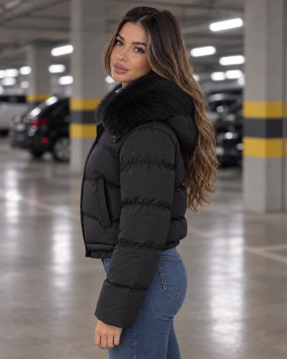 Geaca dama de iarna cu blana detasabila, croi lejer oversize, model scurt matlasat, negru 8813 [4]