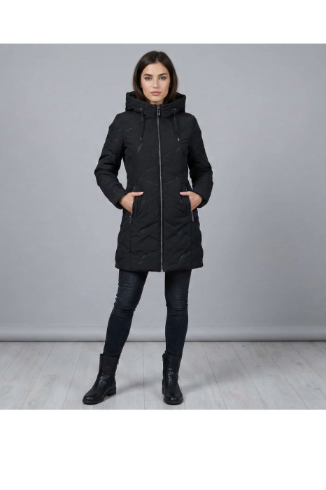 Geaca Dama Lunga Matlasata Neagra cu Gluga si Fermoar 8099 [4]