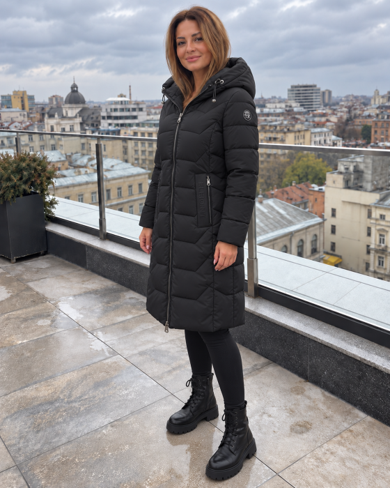 Geaca lunga dama neagra de iarna, matlasata, cu gluga si fermoar, model elegant 8820 [5]