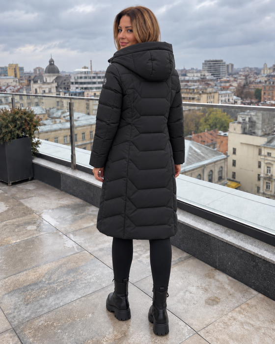 Geaca lunga dama neagra de iarna, matlasata, cu gluga si fermoar, model elegant 8820 [3]