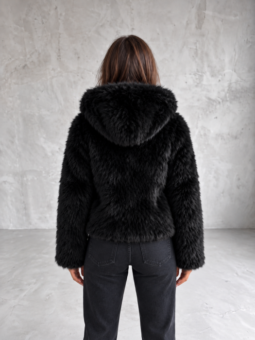 Geaca Dama Scurta Negru din Blana Pufoasa cu Fermoar - Model Elegant de Toamna Iarna [8]