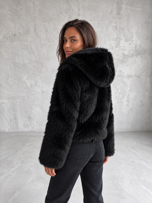 Geaca Dama Scurta Negru din Blana Pufoasa cu Fermoar - Model Elegant de Toamna Iarna [4]