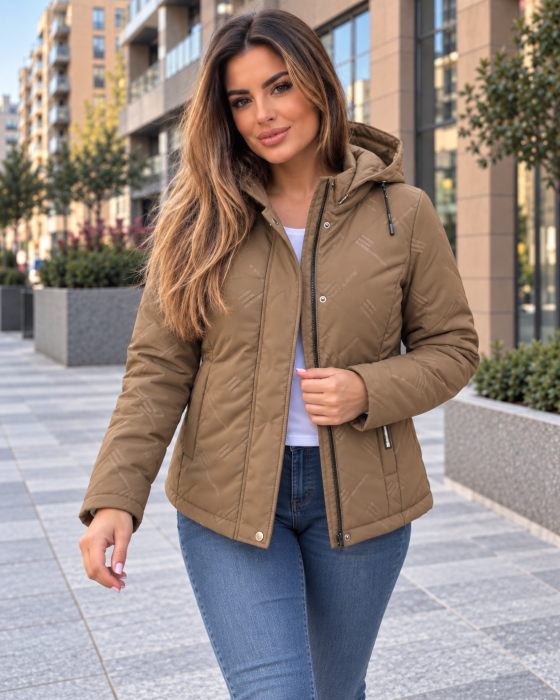Geaca de Dama Antivant si Rezistenta la Apa cu Gluga, Model Elegant Matlasat, Camel 8805 [6]