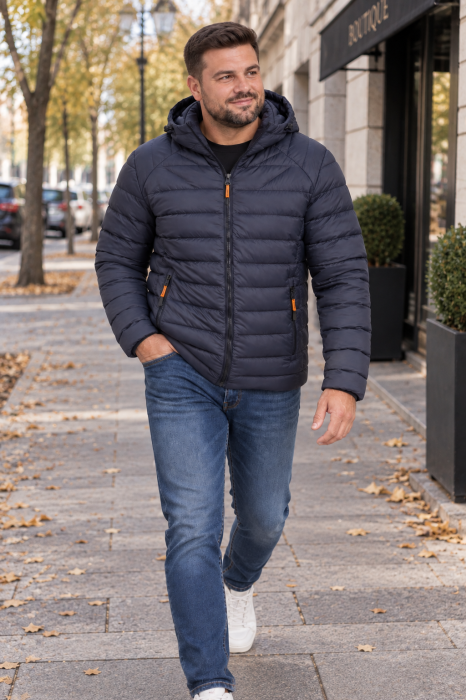 Geaca de Fas Barbati cu Gluga Detasabila si Buzunare cu Fermoar - Matlasata Casual Bleumarin 008 [2]