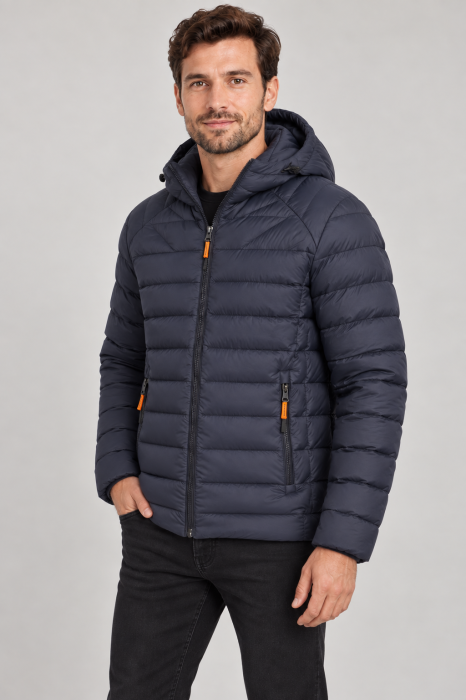 Geaca de Fas Barbati cu Gluga Detasabila si Buzunare cu Fermoar - Matlasata Casual Bleumarin [5]