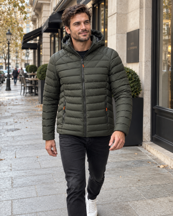 Geaca de Fas Barbati cu Gluga Detasabila si Buzunare cu Fermoar - Matlasata Casual kaki [2]