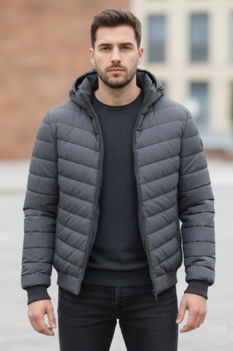 Geaca de Fas pentru Barbati cu gluga detasabila, buzunare cu fermoar gri 88912 [1]