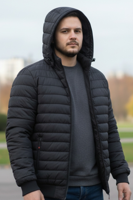 Geaca Matlasata pentru Barbati marime mare, cu gluga detasabila, buzunare cu fermoar negru D88915 [2]