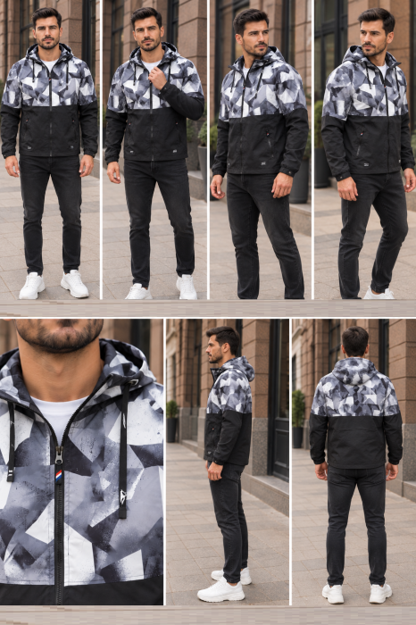 Geaca de Fas Subtire Barbati cu Gluga, Model Camuflaj Gri-Negru, Buzunare cu Fermoar 7934-3 [5]
