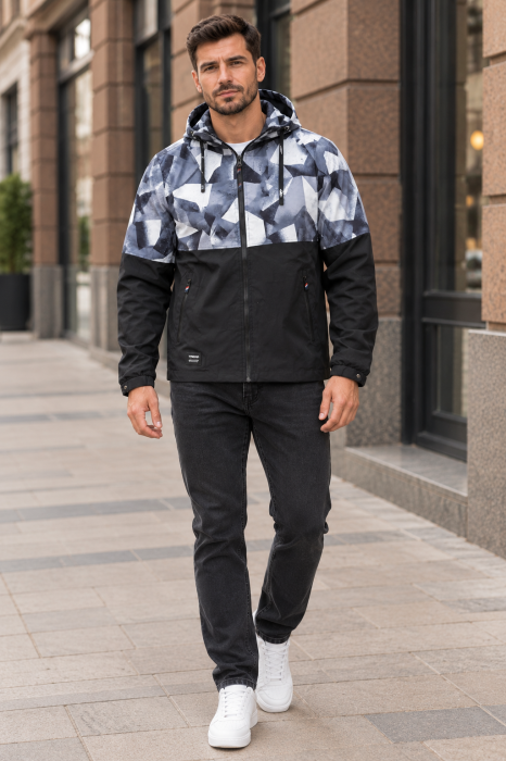 Geaca de Fas Subtire Barbati cu Gluga, Model Camuflaj Gri-Negru, Buzunare cu Fermoar 7934-3 [6]