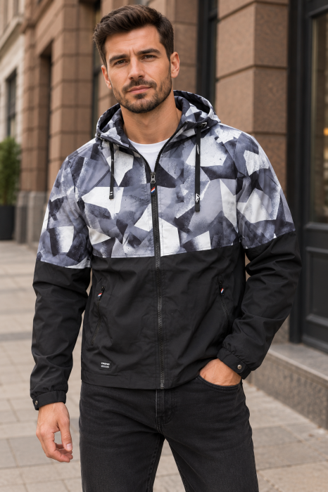 Geaca de Fas Subtire Barbati cu Gluga, Model Camuflaj Gri-Negru, Buzunare cu Fermoar 7934-3 [2]