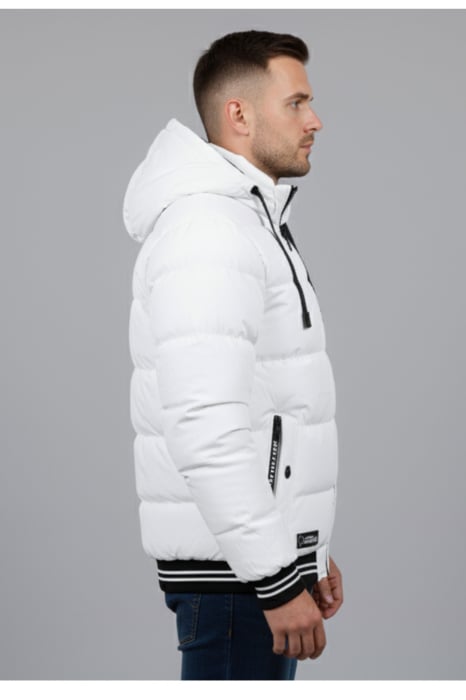 Geaca de Iarna Barbati Alba cu Gluga si Detalii Negre Contrastante 7952-4 [5]