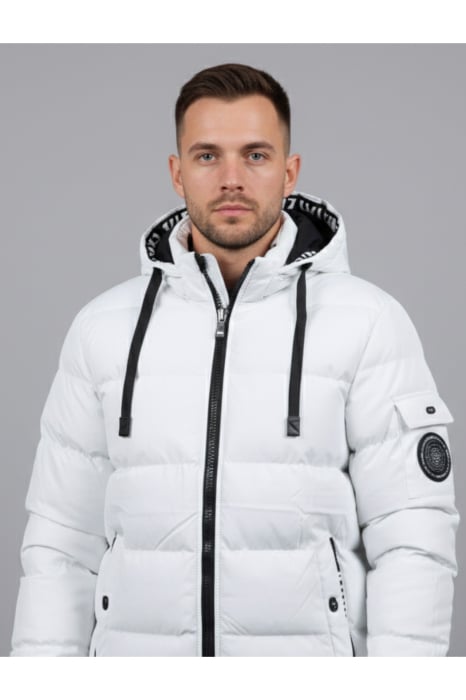 Geaca de Iarna Barbati Alba cu Gluga si Detalii Negre Contrastante 7952-4 [2]