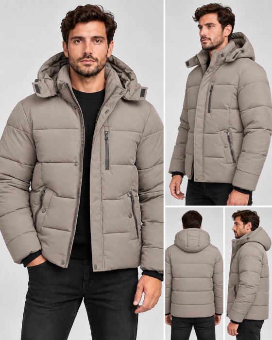 Geaca groasa barbati, anti-vant, material hidrofob, gluga si buzunare cu fermoar Bej 2601 [2]