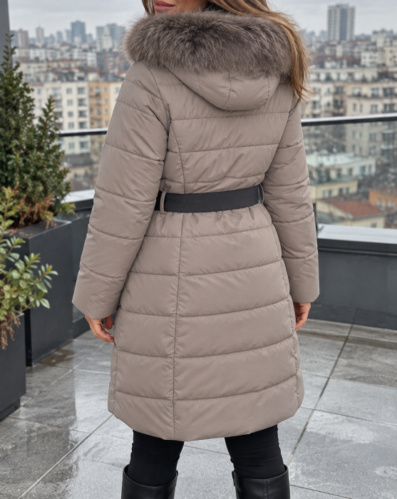 Geaca Groasa Dama Lunga Tip Parka cu Gluga si Blanita, Curea in Talie, Bej marimi mari [7]