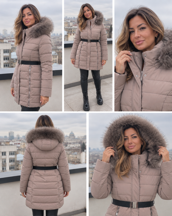 Geaca Groasa Dama Lunga Tip Parka cu Gluga si Blanita, Curea in Talie, Bej marimi mari [6]