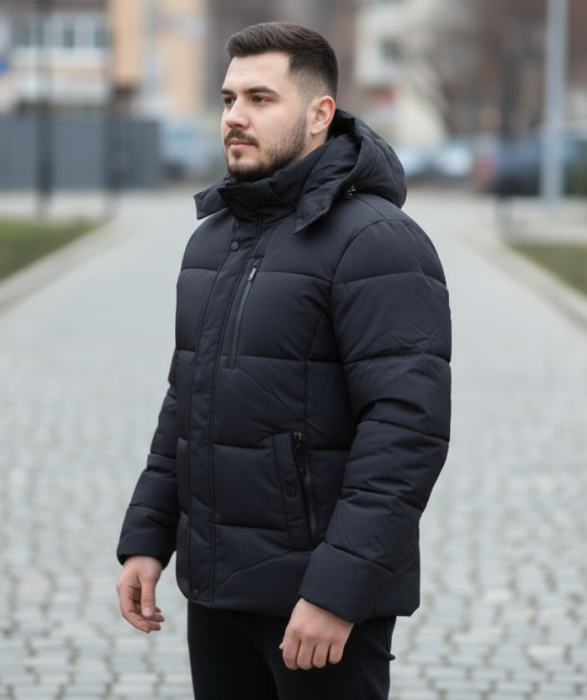 Jacheta groasa de iarna pentru barbati, neagra, cu gluga detasabila 2601 negru [2]