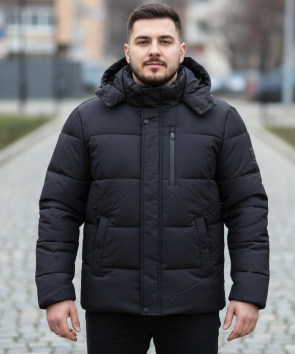 Jacheta groasa de iarna pentru barbati, neagra, cu gluga detasabila 2601 negru [1]