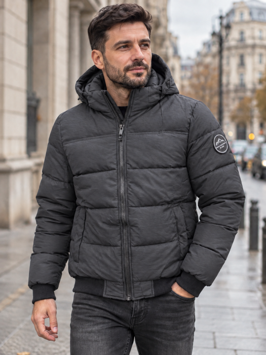 Geaca Groasa de Iarna Barbati Gri Inchis, cu Gluga Detasabila, Rezistenta la Apa si Vant [6]