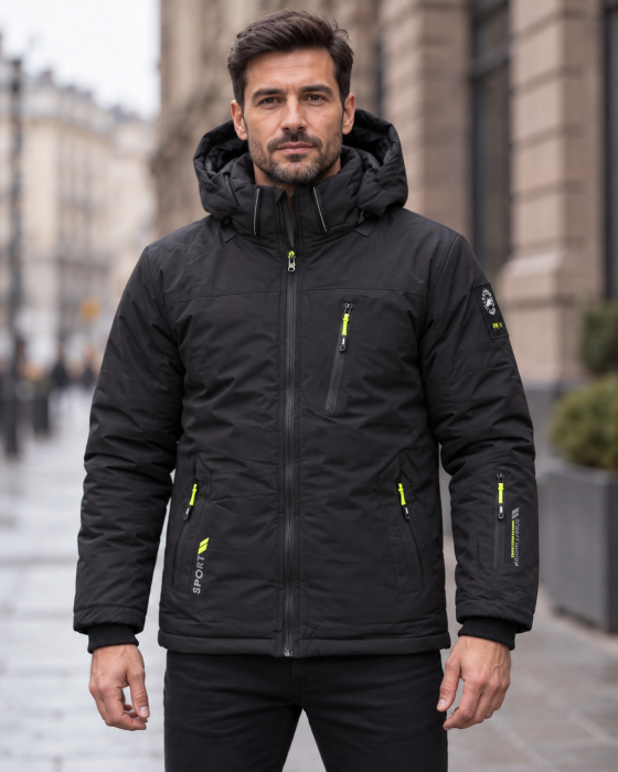 Geaca Groasa de Iarna Barbati Neagra cu Gluga si Buzunare cu Fermoar - Model Sport [7]