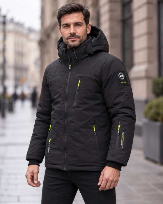 Geaca Groasa de Iarna Barbati Neagra cu Gluga si Buzunare cu Fermoar - Model Sport [4]