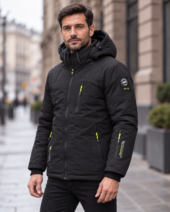 Geaca Groasa de Iarna Barbati Neagra cu Gluga si Buzunare cu Fermoar - Model Sport [5]