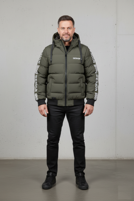 Geaca groasa de iarna barbati, neagra cu gluga detasabila si imprimeu kaki 7951 [5]