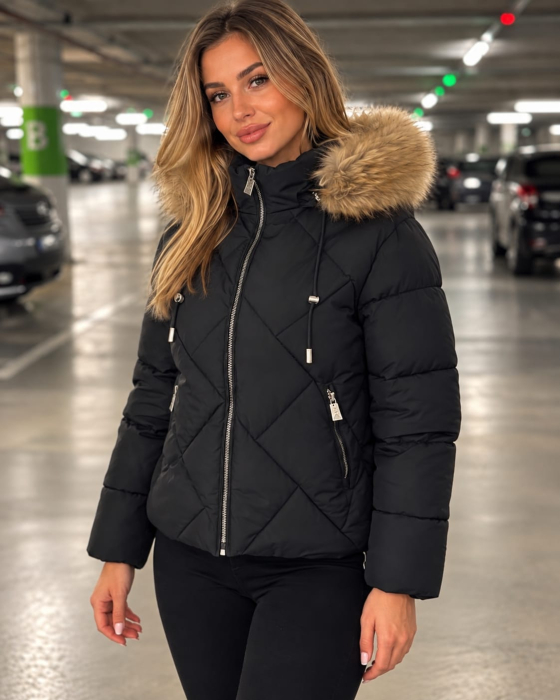 Geaca groasa dama neagra cu gluga si blana bej, model matlasat , geaca de iarna 8814 [6]