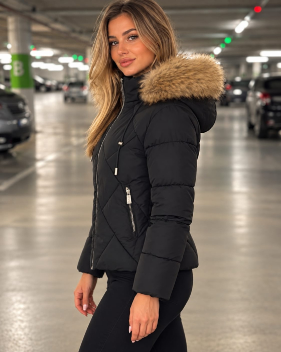 Geaca groasa dama neagra cu gluga si blana bej, model matlasat , geaca de iarna 8814 [3]