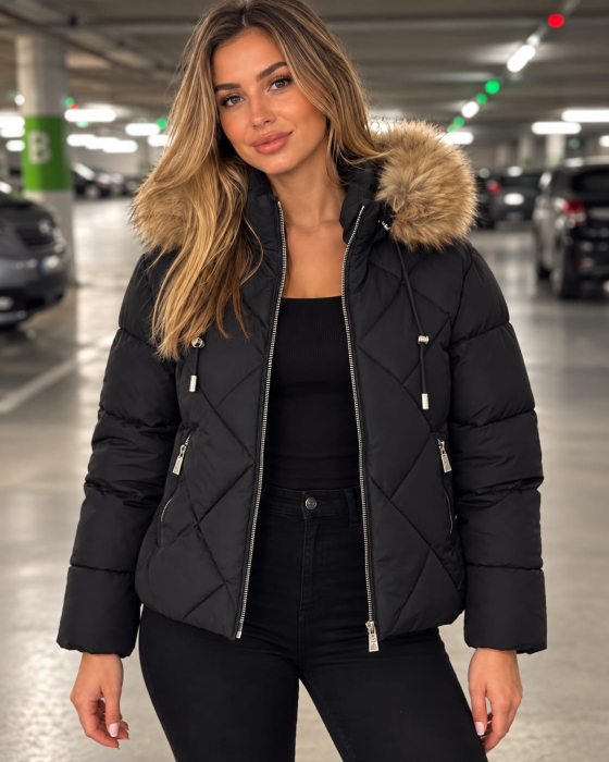 Geaca groasa dama neagra cu gluga si blana bej, model matlasat , geaca de iarna 8814 [5]