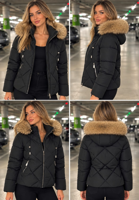 Geaca groasa dama neagra cu gluga si blana bej, model matlasat , geaca de iarna 8814 [2]