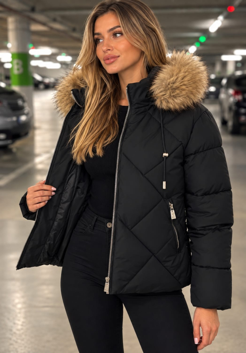 Geaca groasa dama neagra cu gluga si blana bej, model matlasat , geaca de iarna 8814 [8]