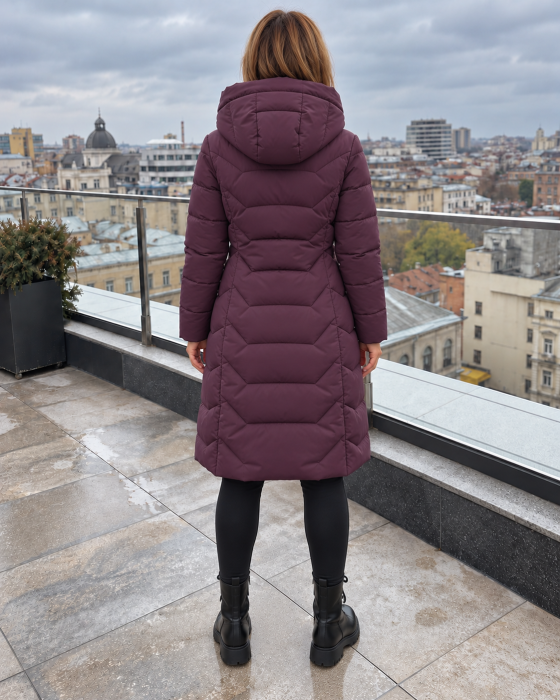 Geaca lunga dama de iarna, matlasata, cu gluga si fermoar, model elegant 8820 visiniu [4]