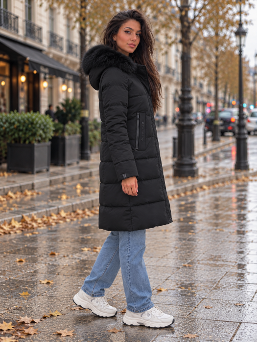 Geaca lunga dama neagra matlasata cu gluga si blana, model elegant de iarna 8817 [2]