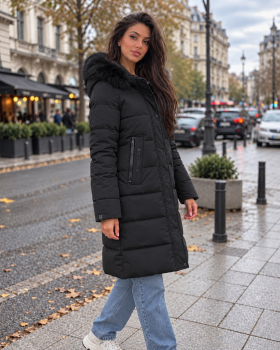 Geaca lunga dama neagra matlasata cu gluga si blana, model elegant de iarna 8817 [5]