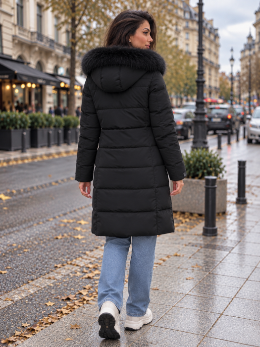 Geaca lunga dama neagra matlasata cu gluga si blana, model elegant de iarna 8817 [3]