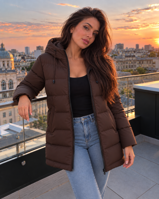 Geaca lunga dama matlasata cu gluga, model casual de toamna-iarna Maro 8816 [2]
