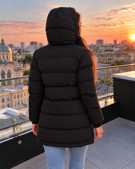 Geaca lunga dama neagra matlasata cu gluga, model casual de toamna-iarna 8816 [5]