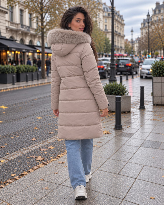 Geaca lunga dama matlasata cu gluga si blana, model elegant de iarna Bej 8817 [5]