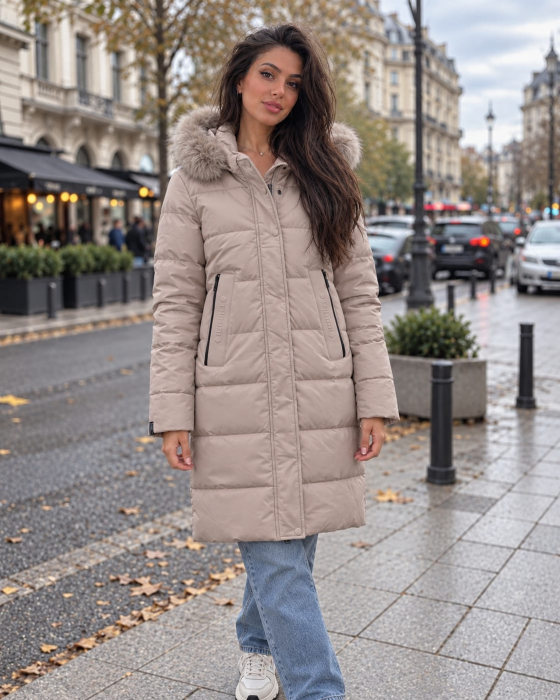Geaca lunga dama matlasata cu gluga si blana, model elegant de iarna Bej 8817 [2]