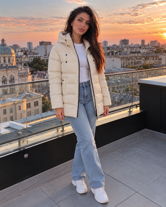 Geaca lunga dama matlasata cu gluga, model casual de toamna-iarna Bej 8816 [4]