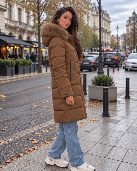 Geaca lunga dama matlasata cu gluga si blana, model elegant de iarna Maro 8817 [4]