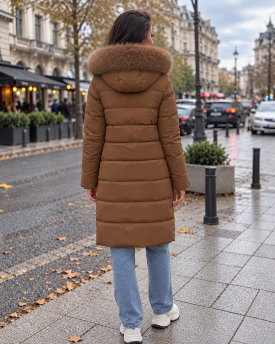 Geaca lunga dama matlasata cu gluga si blana, model elegant de iarna Maro 8817 [6]