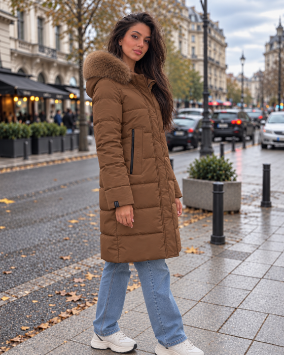 Geaca lunga dama matlasata cu gluga si blana, model elegant de iarna Maro 8817 [5]