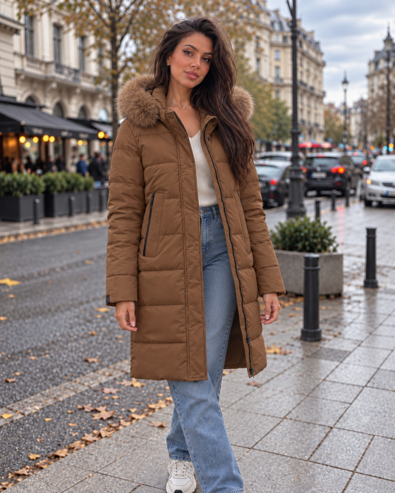Geaca lunga dama matlasata cu gluga si blana, model elegant de iarna Maro 8817 [3]