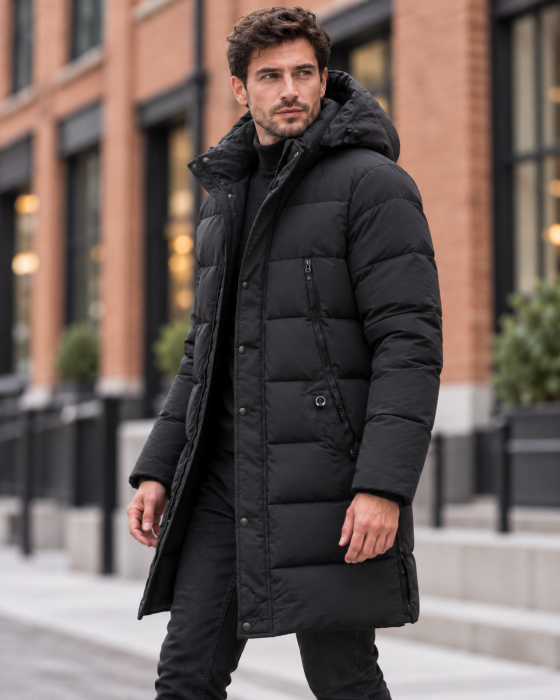 Geaca Lunga Parka Groasa Barbati Impermeabila si Anti-Vant cu Gluga Negru 2605 [2]