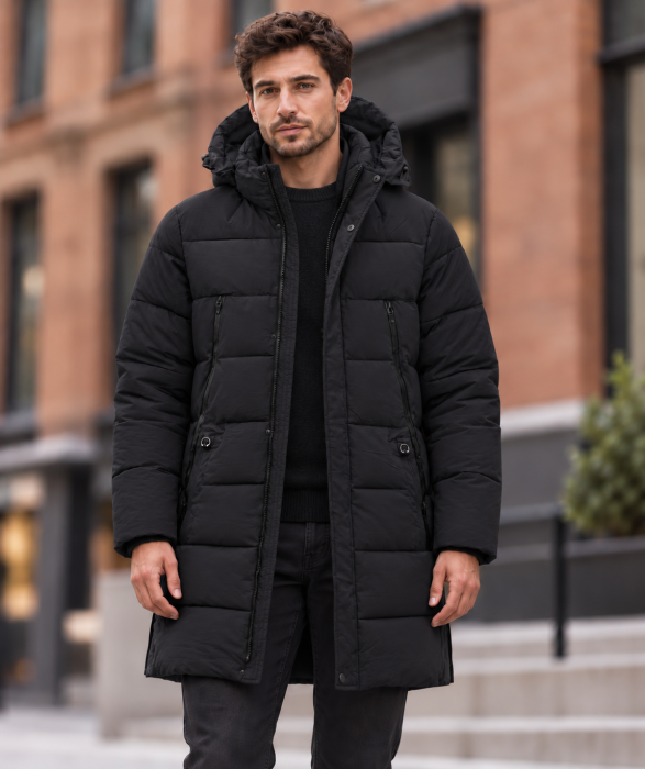 Geaca Lunga Parka Groasa Barbati Impermeabila si Anti-Vant cu Gluga Negru 2605 [4]